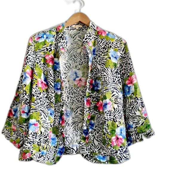 Choices  100% Linen Open Front Floral B&W Zebra Stripes Sleeve Women's Blazer 2X - Picture 1 of 11